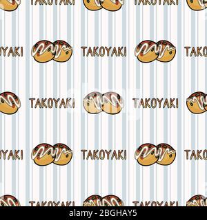 Cute takoyaki japanese bento box meal with text seamless vector pattern. Hand drawn oriental octopus balls. Kawaii seafood street food for travel all Stock Vector