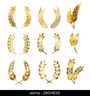 Golden rye wheat ears wreaths of set vector elements for bread and beer labels and logos isolated on white background illustration Stock Vector