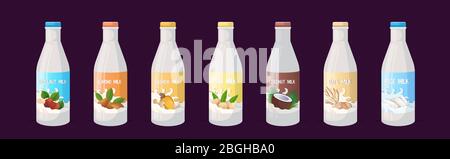 set vegan plant based milk glass bottle organic dairy free natural raw vegan milk healthy cow beverage alternative horizontal vector illustration Stock Vector