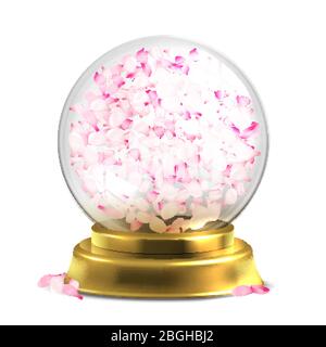 Magic ball with pink petals vector isoated on white backround. Sphere glass souvenir, glossy transparent illustration Stock Vector