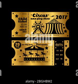 Vintage party invitation. Retro circus carnival ticket template Vector golden tickets isolated on black background. Illustration of coupon and announcement Stock Vector