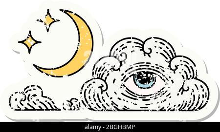 distressed sticker tattoo in traditional style of moon stars and cloud Stock Vector