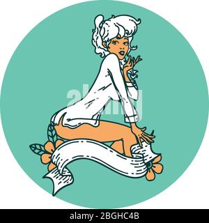 iconic tattoo style image of a pinup girl wearing a shirt with banner Stock Vector