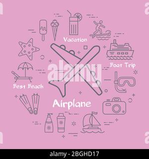 Vector linear concept of summer time with airplane icon Stock Vector