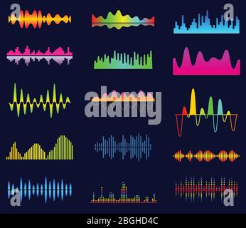 Music equalizer, audio analog waves, studio sound frequency, music player waveform, sound spectrum signal, sonic tracks vector set. Electronic equalizer frequency, wave curve, waveforms Stock Vector