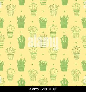 Seamless pattern with potted plants cactuses, succulents and simple triangles in doodle style isolated on pastel yellow background. Vector illustratio Stock Vector