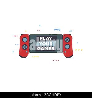 Front view of red gamepad for modern phone. Gaming on phone banner or print. Flat style vector illustration. Gamer controller with touchpad mobile pho Stock Vector