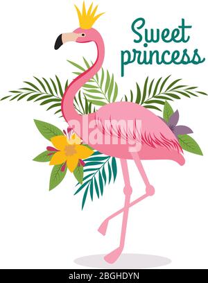 Cute cartoon pink flamingo queen with crown. Sweet dreams girly vector greeting card, fashion little princess t-shirt design. Illustration of exotic animal bird Stock Vector