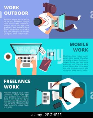 Freelancer journalist working at laptop. Home work, business writing and freelance vector banners. Journalist with laptop, business work office for freelance illustration Stock Vector