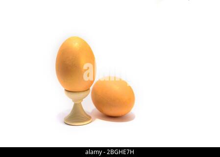Two colored easter chicken eggs isolated on the white background. One is in holder. Stock Photo