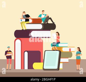 Man and woman reading books. People and book creative idea cartoon flat concept. Book festival vector poster. Man and woman read book, people study illustration Stock Vector