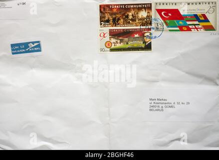 GOMEL, BELARUS - APRIL 20, 2020: Old envelope which was dispatched from Turkey to Gomel, Belarus, April 20, 2020. Stock Photo