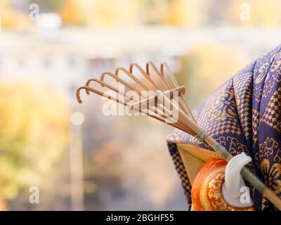 GOMEL, BELARUS - APRIL 20, 2020: The Antique Kimekomi Japanese doll old man Jo depicting a Noh play, 'The Old Couple from Takasago'. Stock Photo