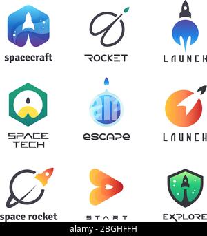 Space rockets, shuttles launch, spaceship, aviation and futuristic aircraft. Vector retro logos and badges isolated. Illustration of rocket badge, spaceship logo travel Stock Vector