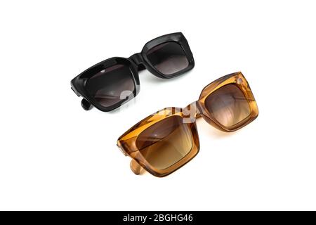 Collection of horn rimmed sunglasses for women isolated on white background. Yellow and black colors. Stock Photo