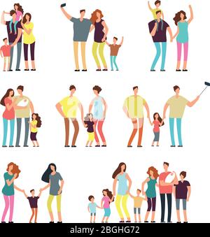 Happy family groups. Adult parents couple playing with kids vector cartoon people isolated. Father and mother character, parents with daughter and son illustration Stock Vector