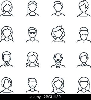 Woman and man face line icons. Female male profile outline symbols with different hairstyles. Vector people avatars isolated. Character person portrait, male and female outline illustration Stock Vector