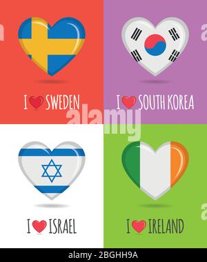 Loving and colorful posters of Sweden, South Korea, Israel and Ireland with heart shaped national flag and text Vector illustration Stock Vector