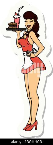 sticker of tattoo in traditional style of a pinup waitress girl Stock Vector