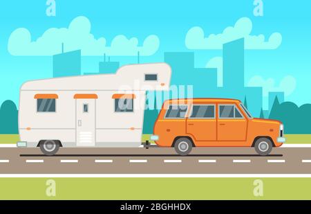 Family rv camping trailer on road. Country traveling and outdoor vacation vector concept. Transport for journey, motorhome truck for travel illustration Stock Vector
