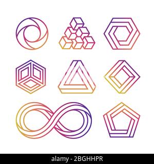 Colorful impossible vector shapes thin line minimal style isolated on white background illustration Stock Vector
