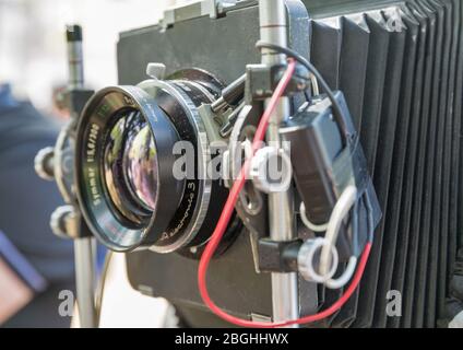 ZAPORIZHZHYA, UKRAINE - JULY 03, 2018: Technika Schneider Kreuznach retro photo camera closeup at Ukrainian photographers annual meeting PhotoCamp on Stock Photo