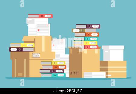 Pile of cardboard boxes, paper documents and office file folders isolated. Unorganized messy papers, paperwork vector concept. File stack, pile of paper document illustration Stock Vector