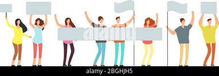 Crowd of protesting people with banners, flags. Voting students at demonstration. Political meeting and protest vector concept isolated. People crowd with flag, group protester illustration Stock Vector