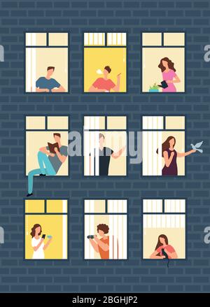 Neighbors cartoon people in apartment house windows. Neighborhood vector concept. Building with window and man, woman illustration Stock Vector