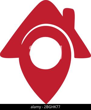 simple red map pin with home. concept of global coordinate, dot, needle tip, positioning pictogram, user interface element label flat style trend Stock Vector