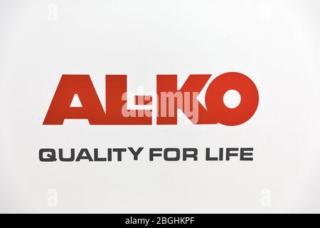 KYIV, UKRAINE - MAY 19,2016: AL-KO logo closeup on booth at Aqua Therm exhibition of energy efficient heating, ventilation, air conditioning, water su Stock Photo