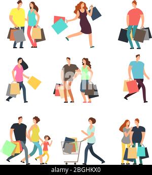 Happy shopping people. Man, woman and shoppers with gift boxes and shopping bags. Vector cartoon characters set. Woman and man cartoon shopper, buyer with bag purchase. Vector illustration Stock Vector