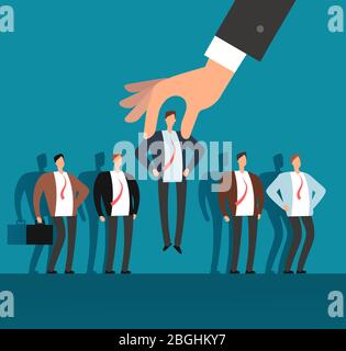 Employer hand choosing man from selected group of people. Recruitment vector business concept. Human recruitment, select and choice illustration Stock Vector