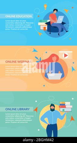 Online Education Banners Set on Color Space. Text Headers Kit for Landing Pages with E-Learning, E-library, Distant Webinar Courses, Lectures and Cert Stock Vector