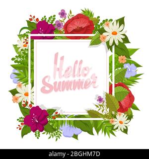 Vector background with cartoon flowers. Hello summer floral design for card. Ilustration of floral colored flower, banner nature tropical plant Stock Vector