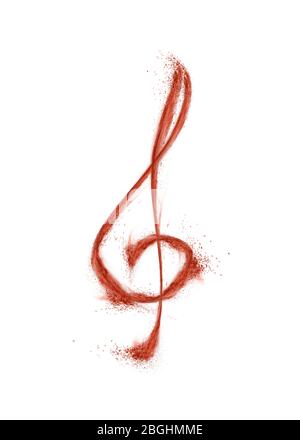 Treble clef made from red dust splash on a white background. Stock Photo