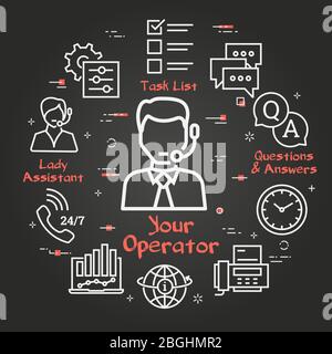 Vector black concept of online support - male personal operator icon Stock Vector