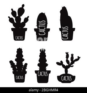 Black cactus silhouettes of set isolated on white background. Vector illustration Stock Vector
