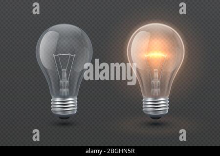 Realistic glowing electric light bulb isolated on transparent background. Vector illustration for creativity and idea concept. Lamp electric, power lightbulb glow bright Stock Vector