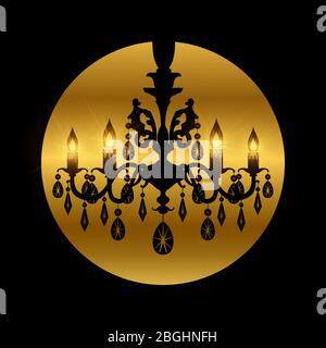 Vintage crystal chandelier silhouette with lights vector icon isolated on black illustration Stock Vector