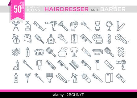 Set Vector Flat Line Icons Hairdesser and Barber Stock Vector