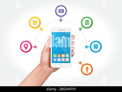 Vector design showing hands holding a multifunctional smartphone with applications. Stock Vector