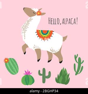 Proud awesome lama and cactus - hello alpaca card design. Vector green cactus and animal lama, alpaca wildlife illustration Stock Vector