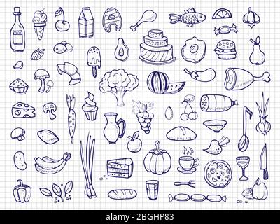 Hand drawn food, vegetables, drinks, snacks, fast food doodle vector icons. Illustration of delicious cheese and eggs, candy and pizza Stock Vector