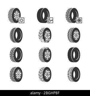 Car tires, wheel disk auto service vector icons isolated on white. Vector illustration Stock Vector