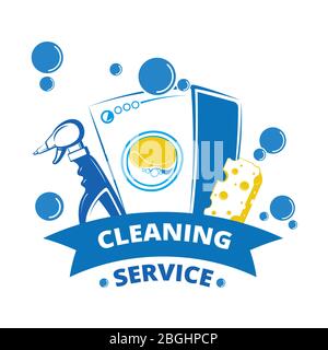 Cleaning service label design. Yellow and blue laundry logo. Laundry label and washer equipment, sponge and spray. Vector illustration Stock Vector