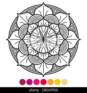 Mandala coloring page for adults. Antistress coloring with color sample on white background. Vector illustration Stock Vector