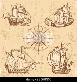 Vintage ships collection. Antique travel boat set. Ship boat vintage, travel sea yacht, sketch marine sailboat illustration Stock Vector