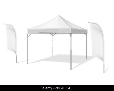 Empty white outdoor event tent with flying beach material flags vector illustration isolated on white background. Tent folding, marquee shelter mockup Stock Vector