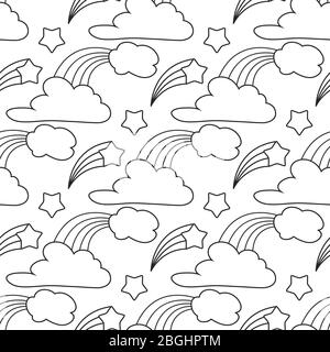 Clouds, stars, rainbow seamless background pattern. Cartoon pattern for kids coloring book. Vector illustration Stock Vector